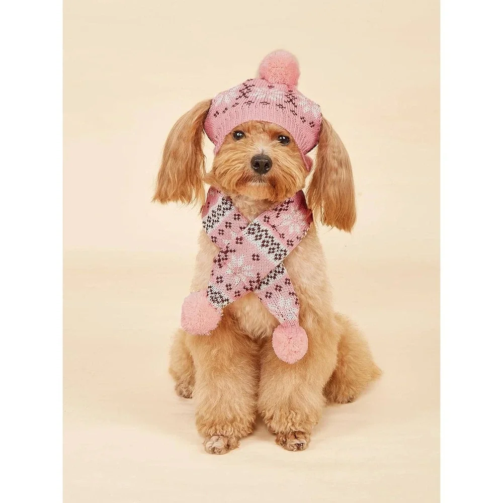 Pink Fair‎ Isle Knit Dog Hat and Scarf Set with Pom Poms Small Medium Pet Winter